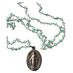 Medal Necklace Rosario Virgin Mary Turquoise Colored Gems French Vintage