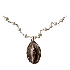 Medal Virgin Mary Necklace  Rosario White Pearl French Vintage  J Dauphin