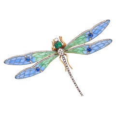 A diamond, sapphire, emerald and plique a jour enamel dragonfly brooch