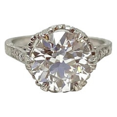 Bague en platine et diamants de taille européenne ancienne de 3,32 carats certifiés GIA