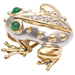 Vintage 1970s Cabochon Emeralds Diamonds Two Color Gold Frog Brooch 