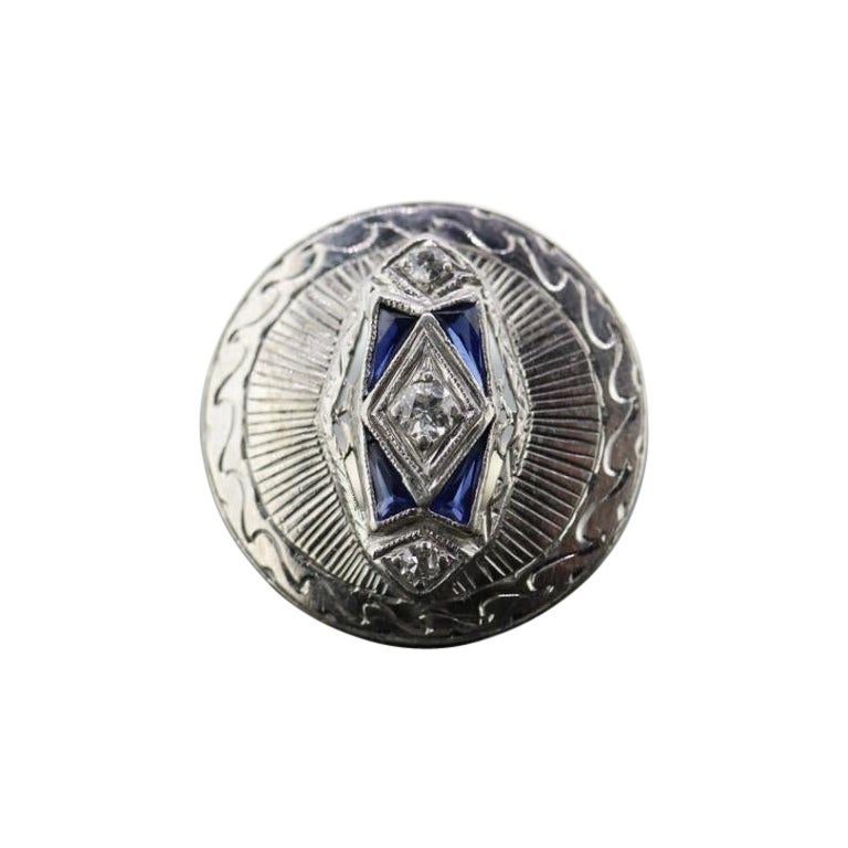 Antique ROUND SHIELD ring. 14k TRILOGY three diamond and sapphire shield ring.