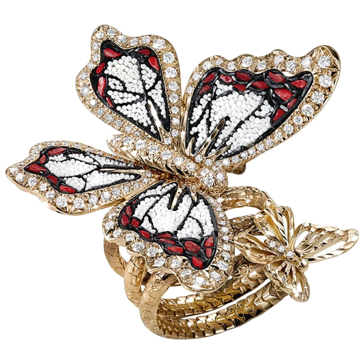 Stylish Butterfly Ring White Diamond Rose Gold Hand Decorated with Micromosaic  For Sale