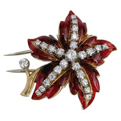 1960s Vintage 18 Karat Gold 0.51 Carat Diamond Red Enamel Floral Pin Brooch