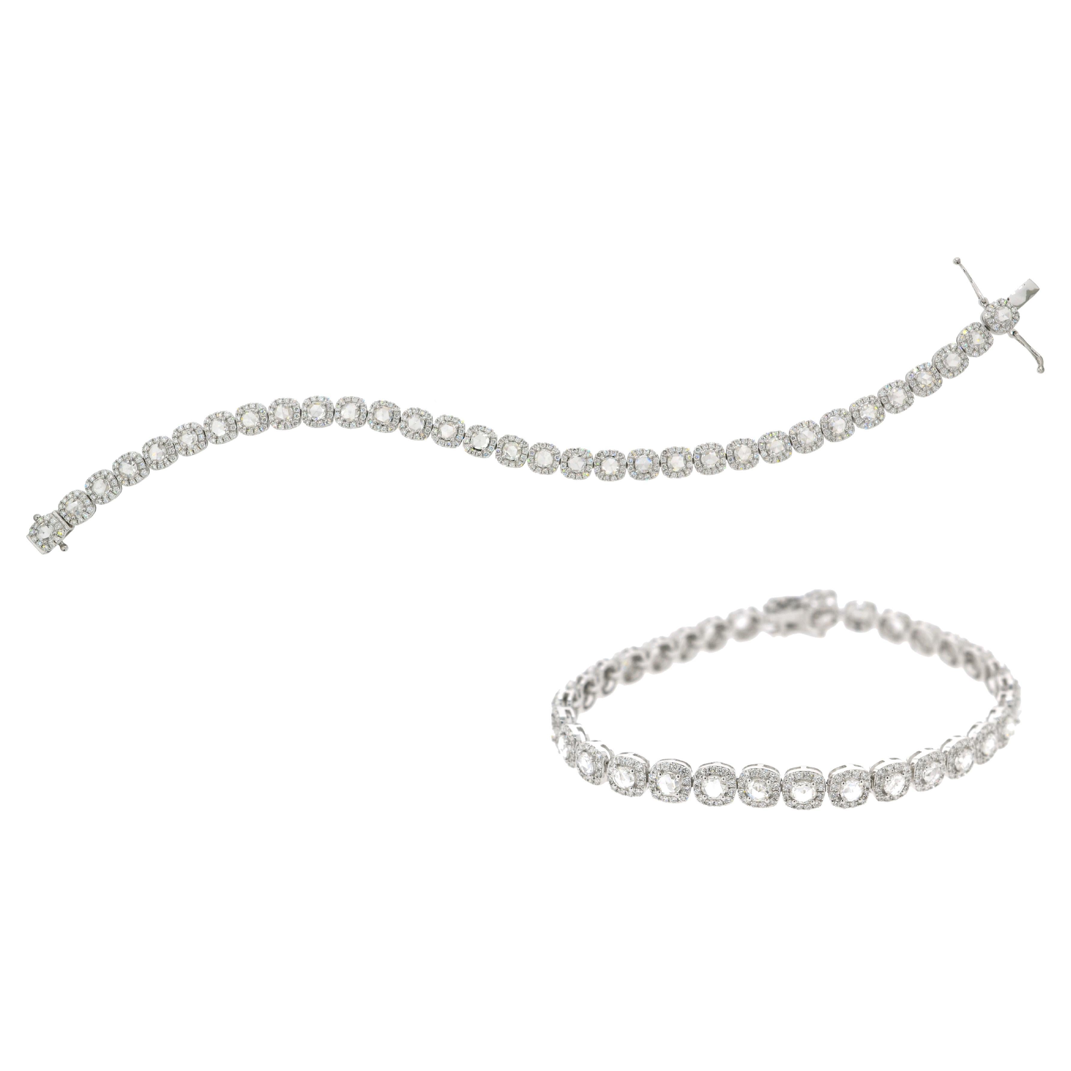 JR Rose Cut & Round Diamond 18 Karat White Gold Tennis Bracelet For Sale