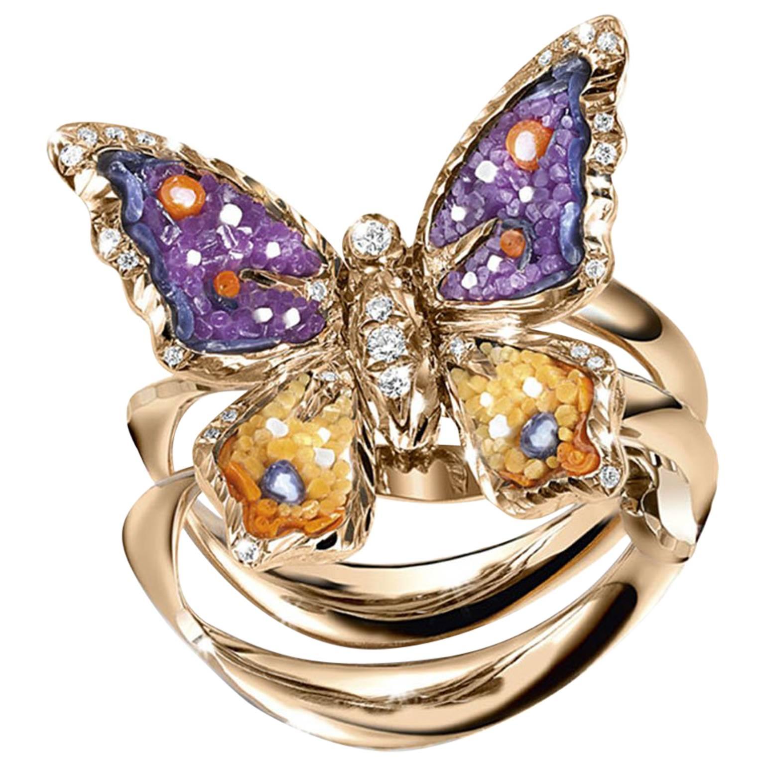 Eleganter Schmetterlingsring, Weißer Diamant, Roségold, von Hand verziert mit Mikromosaik 