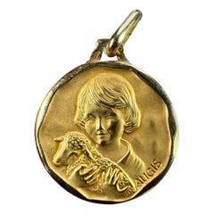 French Augis Saint John the Baptist Lamb 18K Yellow Gold Medal Anhänger