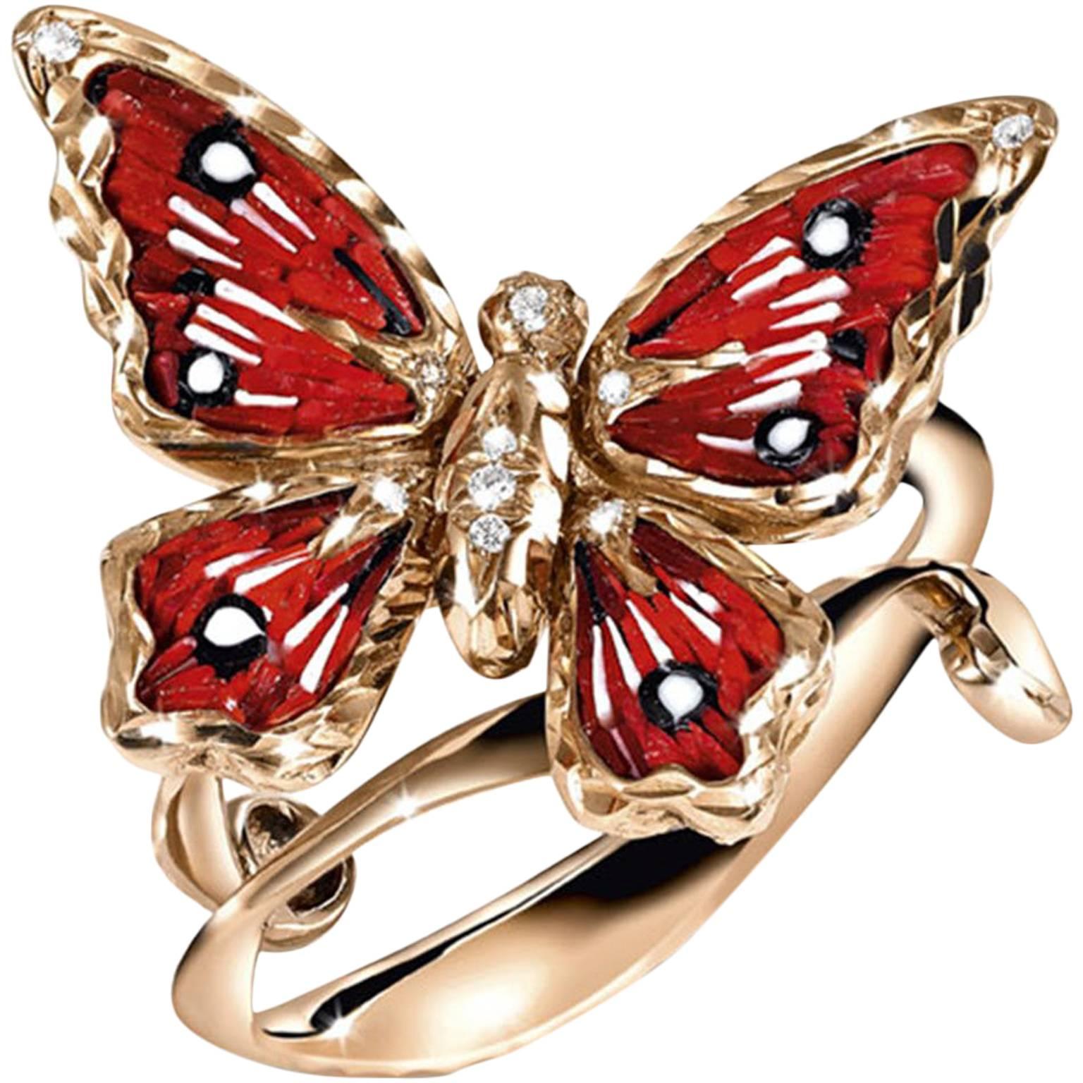 Eleganter Schmetterlingsring, Weißer Diamant, Roségold, von Hand verziert mit Mikromosaik  im Angebot