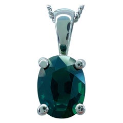 GIA Certified 1.12ct Untreated Green Blue Sapphire Oval 18k White Gold Pendant