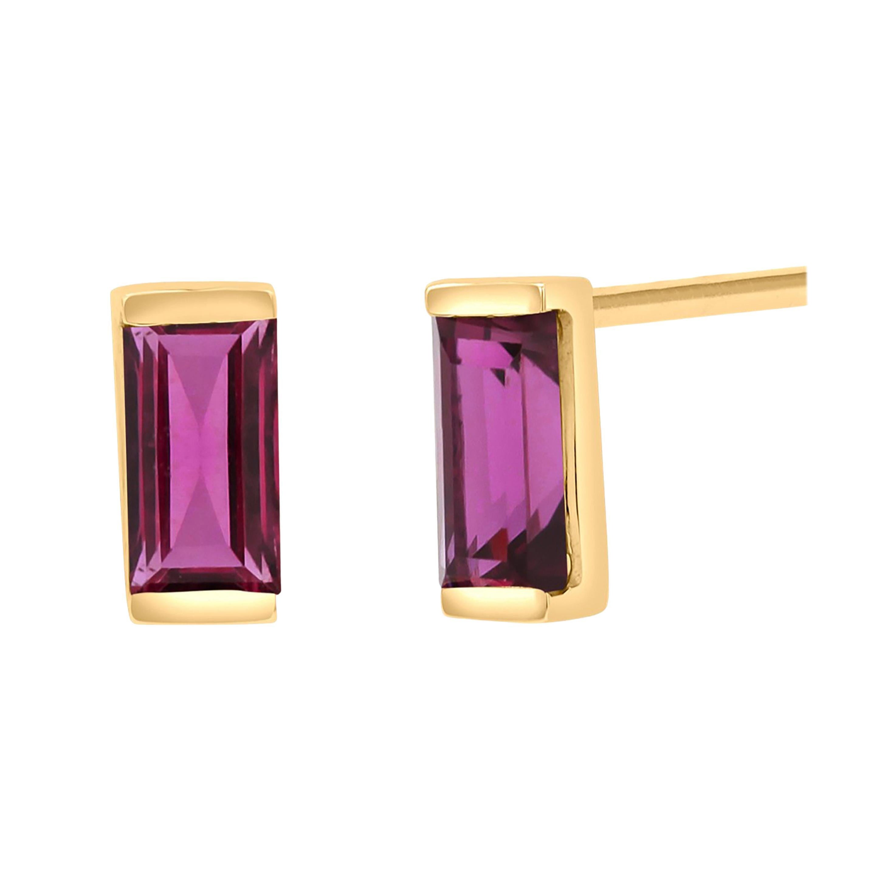 Baguette Ruby 0.71 Carat 14 Karat Yellow Gold 0.24 Inch Long Stud Earrings For Sale