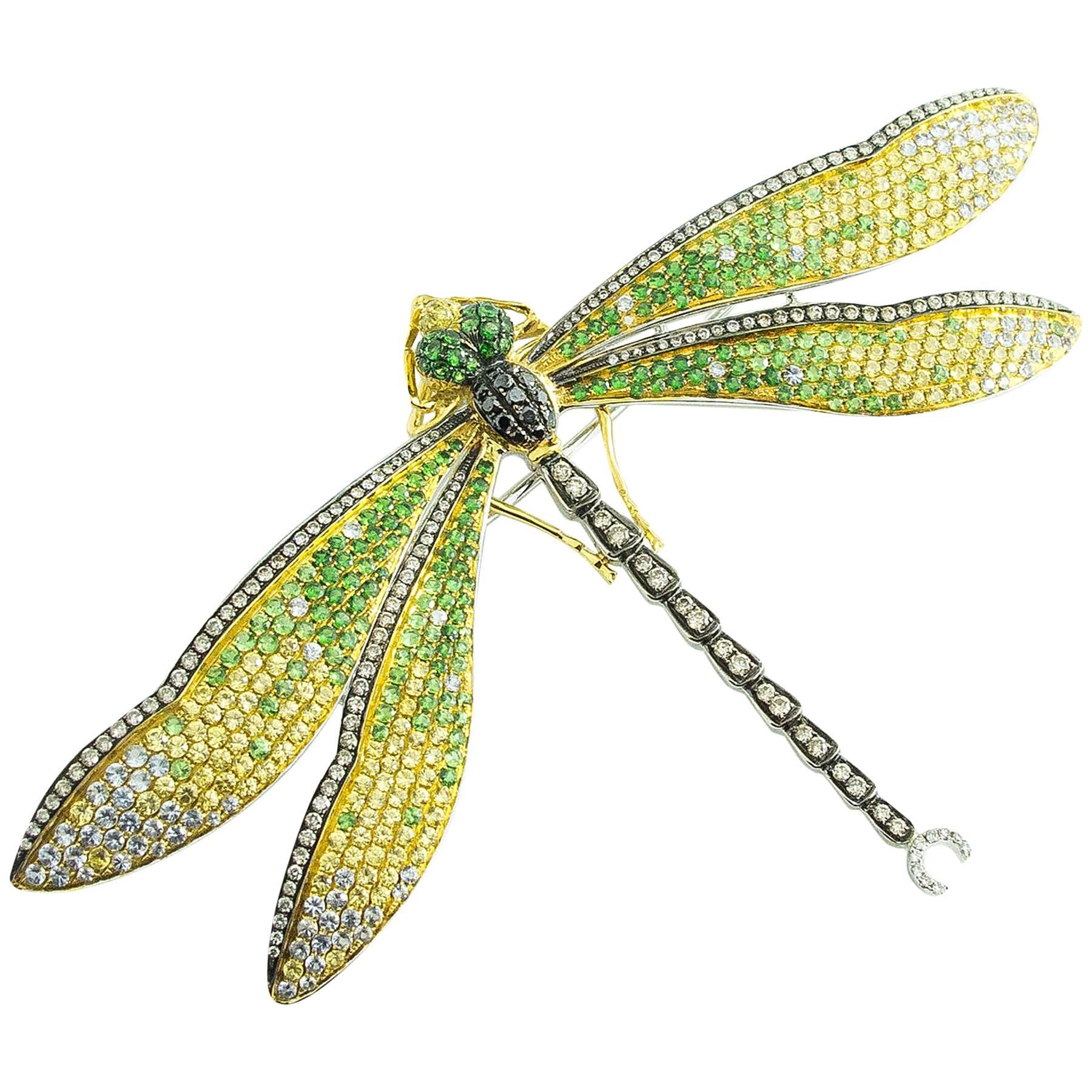 GIA Certified Diamond Sapphire Tsavorite Gold Dragonfly Brooch For Sale