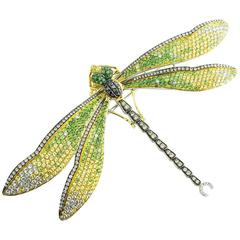 GIA Certified Diamond Sapphire Tsavorite Gold Dragonfly Brooch