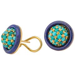 Turquoise Lapis Domed Gold Earrings
