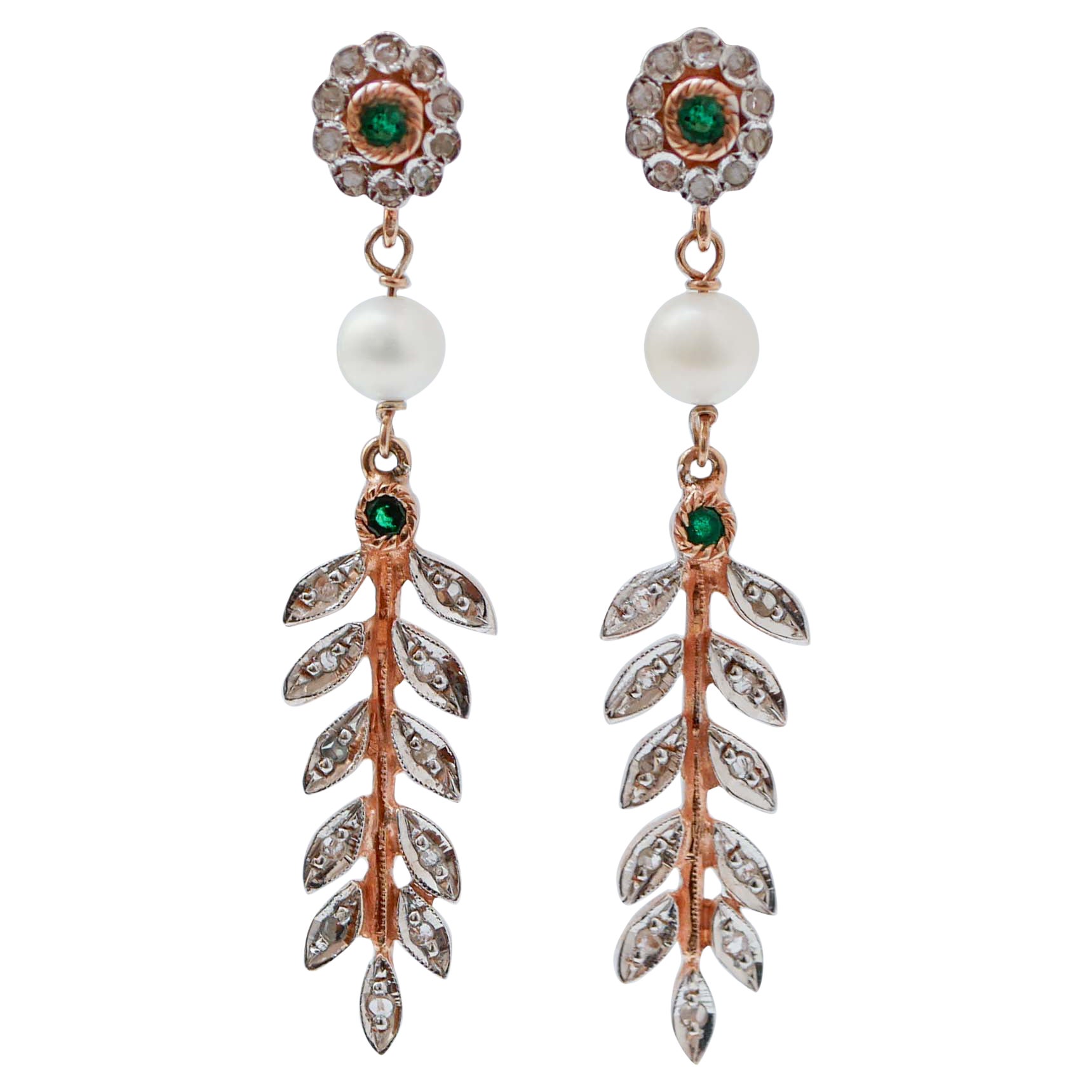 Pendientes de Esmeraldas, Diamantes, Perlas, Oro Rosa y Plata.