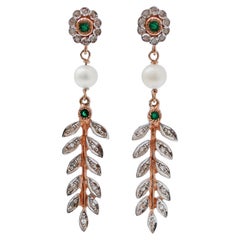 Pendientes de Esmeraldas, Diamantes, Perlas, Oro Rosa y Plata.