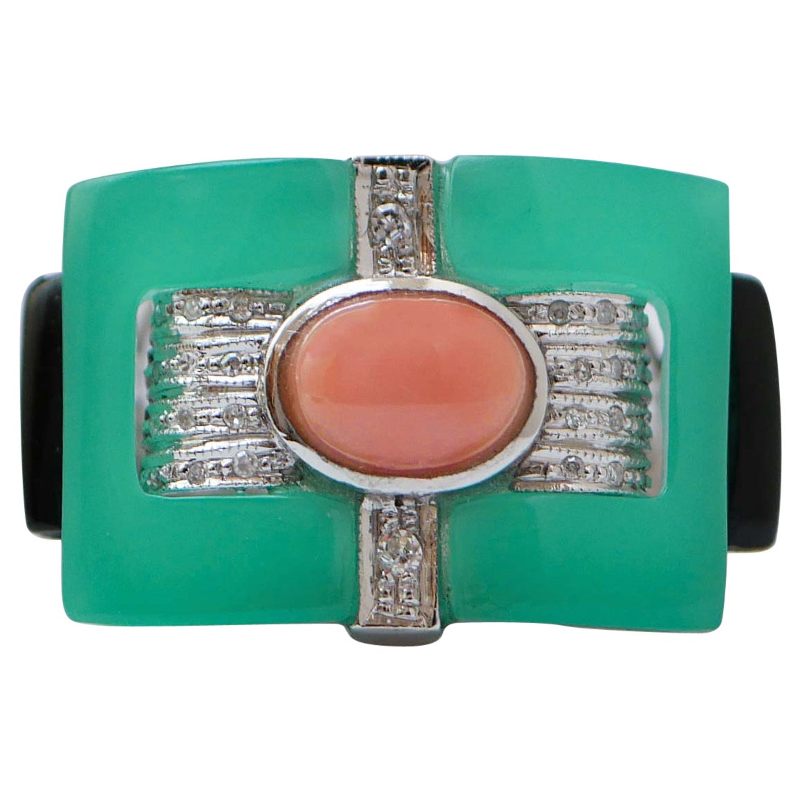Coral, Stones, Onyx, Diamonds, Platinum Ring.