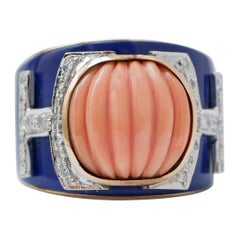 Coral, Lapis, Diamonds, 14 Kt Rose Gold Band Ring.