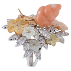 Coral, Multicolor Stones, Diamonds, 14 Karat White Gold Ring.