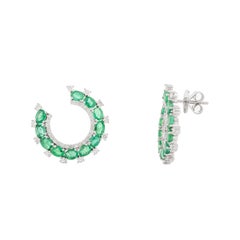 Pendientes de oro blanco macizo de 14 quilates con diamante esmeralda natural de 3,95 quilates en forma de círculo