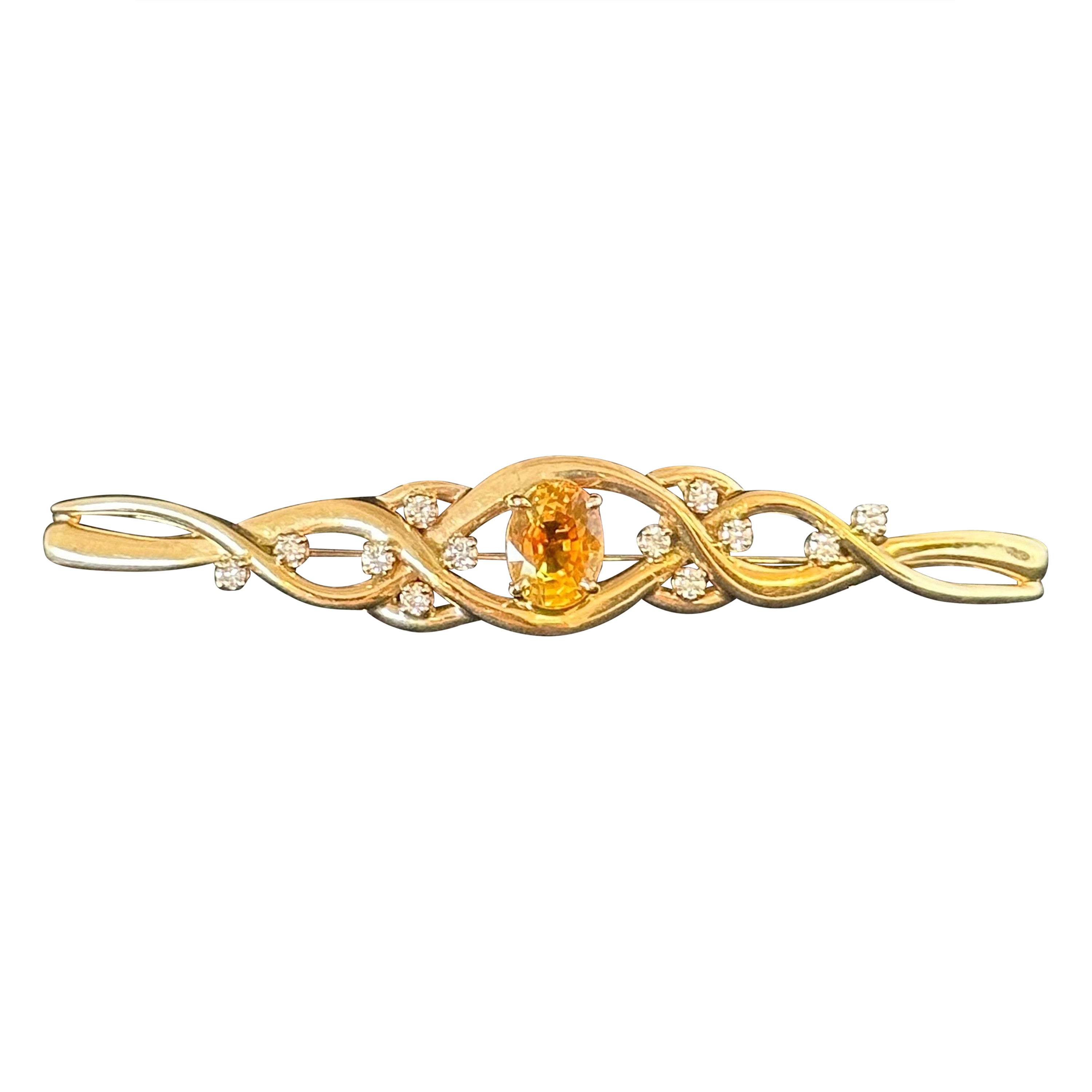 Handmade 2.5ct Yellow Topaz and 0.40ct Natural Diamond 14k Yellow Gold Brooch
