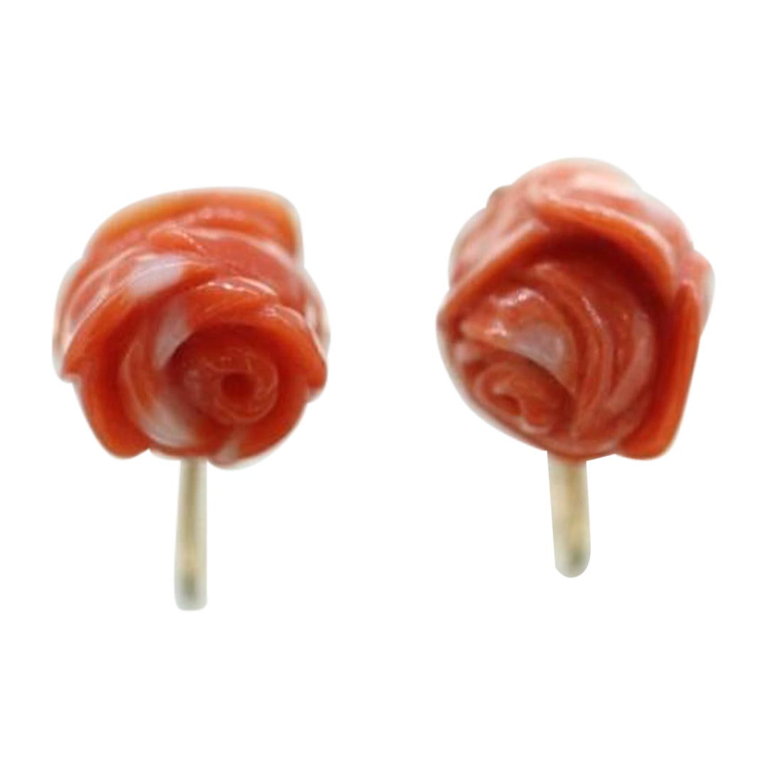 Coral Earrings. 14k Carved Coral Rose Flower Blooming Earrings. Non-Pierced