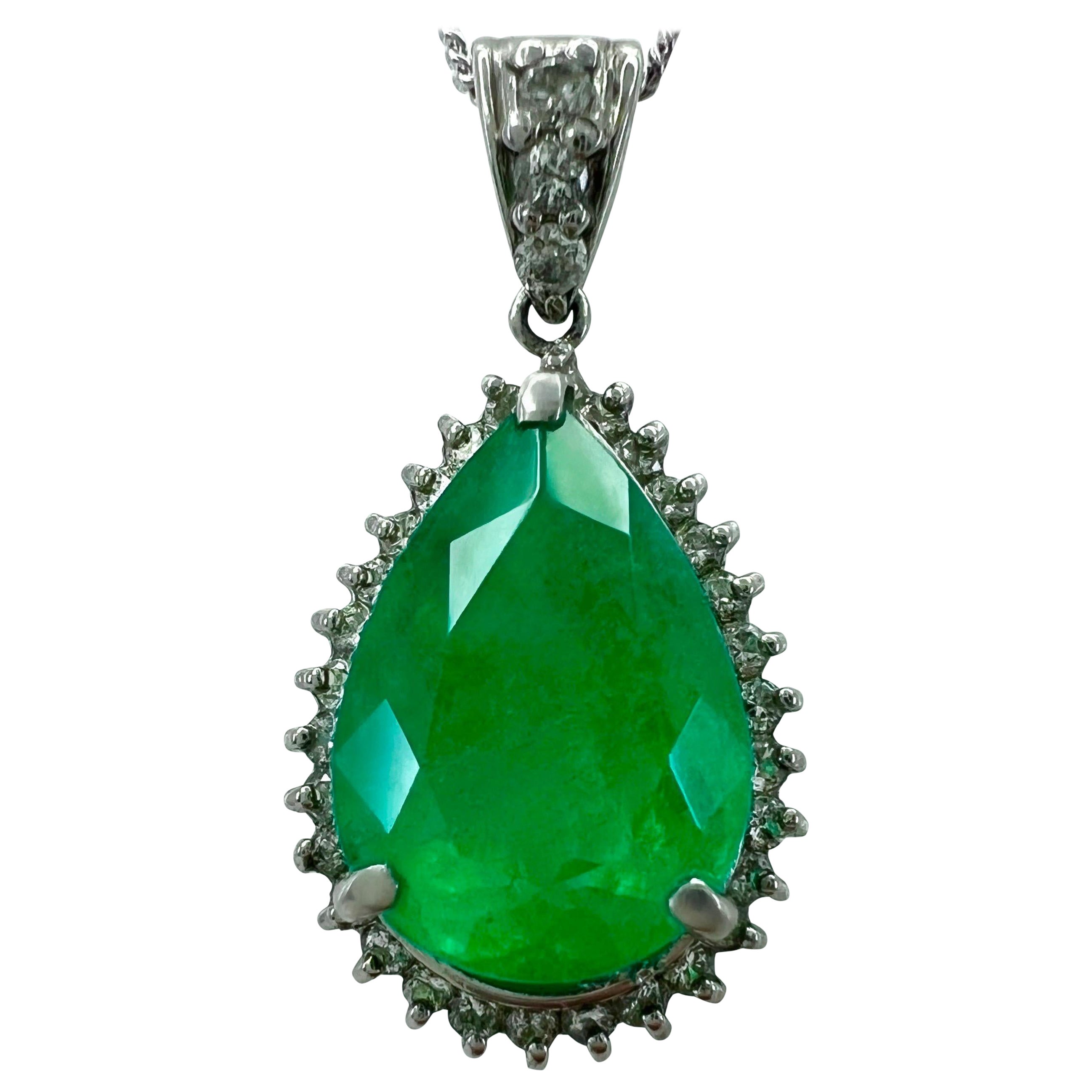 4.17ct GIA Certified Colombian Emerald & Diamond Pear Cut Platinum Halo Pendant For Sale