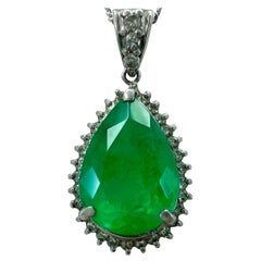 4.17ct GIA Certified Colombian Emerald & Diamond Pear Cut Platinum Halo Pendant