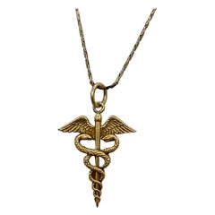 Caduceus Snake Pendant Necklace Gold Medicine Doctor Hermes Peace Antique