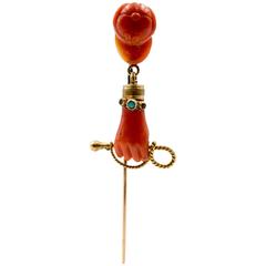 Antique Victorian Coral Turquoise Jockey Cap and Whip Gold Stickpin 4