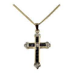 Collar Colgante Cruz Zafiro y Diamante Oro Amarillo 14 Kilates #18100
