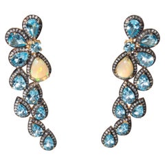 Blue Topaz Diamond and Opal Dangle Earrings