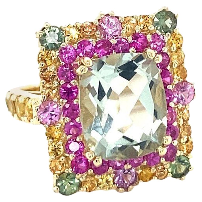 8,00 Karat natürlicher grüner Amethyst und Saphire Gelbgold Cocktail Ring