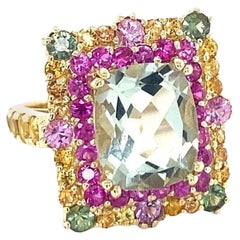 8.00 Carat Natural Green Amethyst and Sapphires Yellow Gold Cocktail Ring