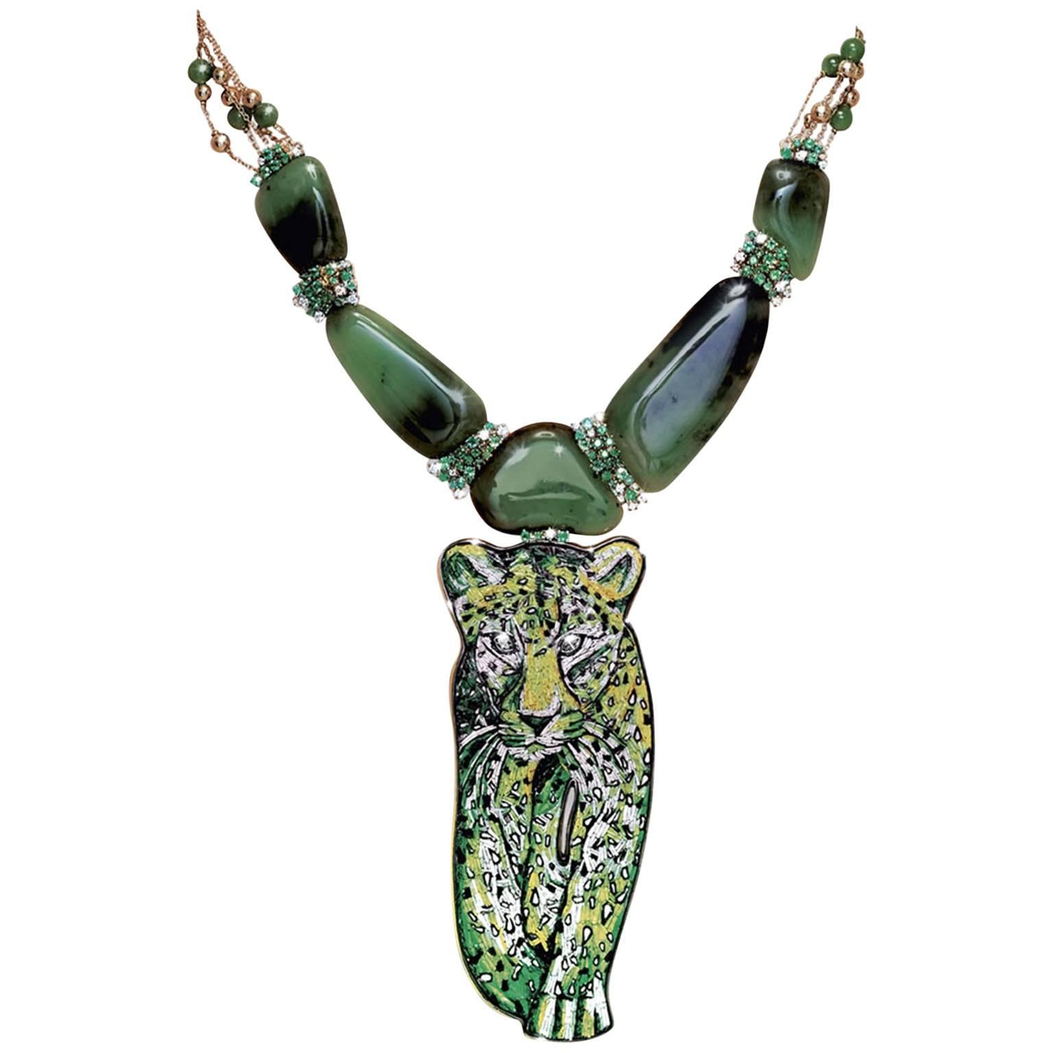Stylish Necklace Yellow Gold  White Diamond Emerald Agate Decorated Micromosaic For Sale