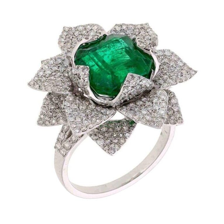 Meghna Jewels Octagon Cut 4.35 Carat Emerald 1.83 Carat Diamond 18K Gold Ring