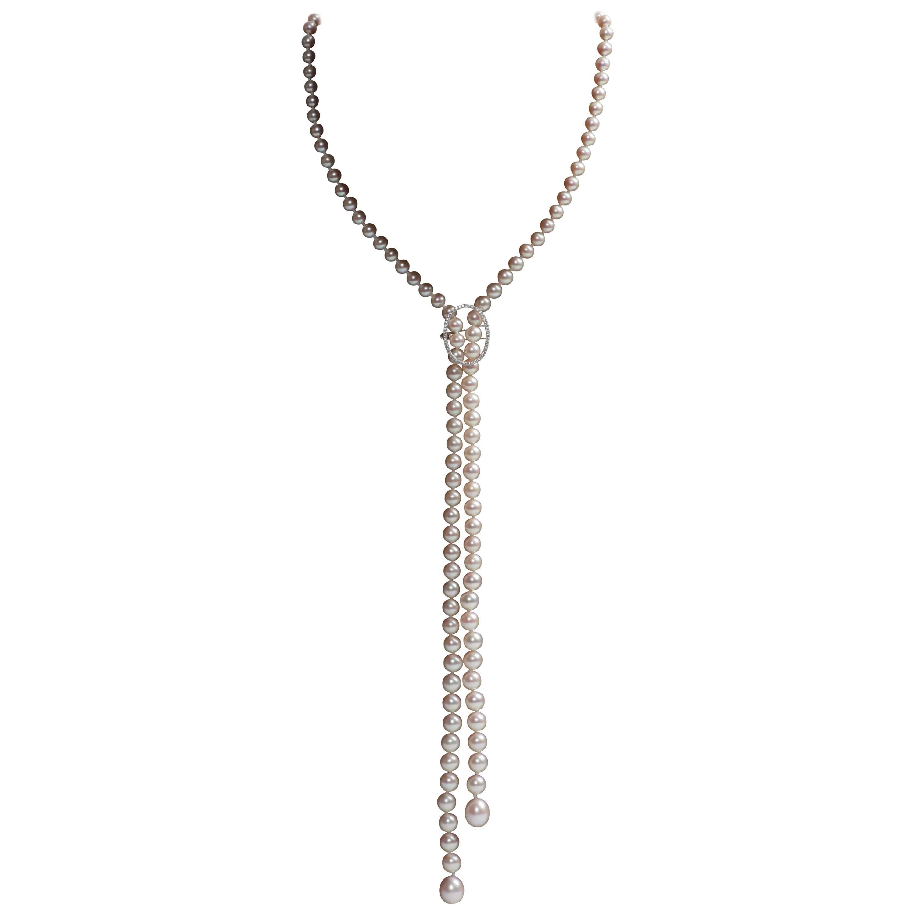Marion Jeantet Elegant Long Necklace of White Pearls and Diamonds 