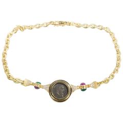 Ancient Roman Coin Emerald Ruby Diamond Gold Necklace 10
