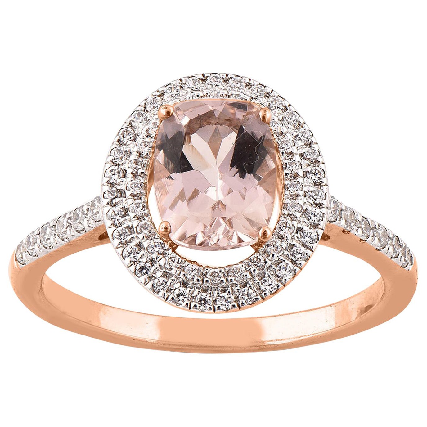 TJD 0.33 CT Round Diamond & 8X6mm Oval Morganite 14K Rose Gold Double Frame Ring For Sale