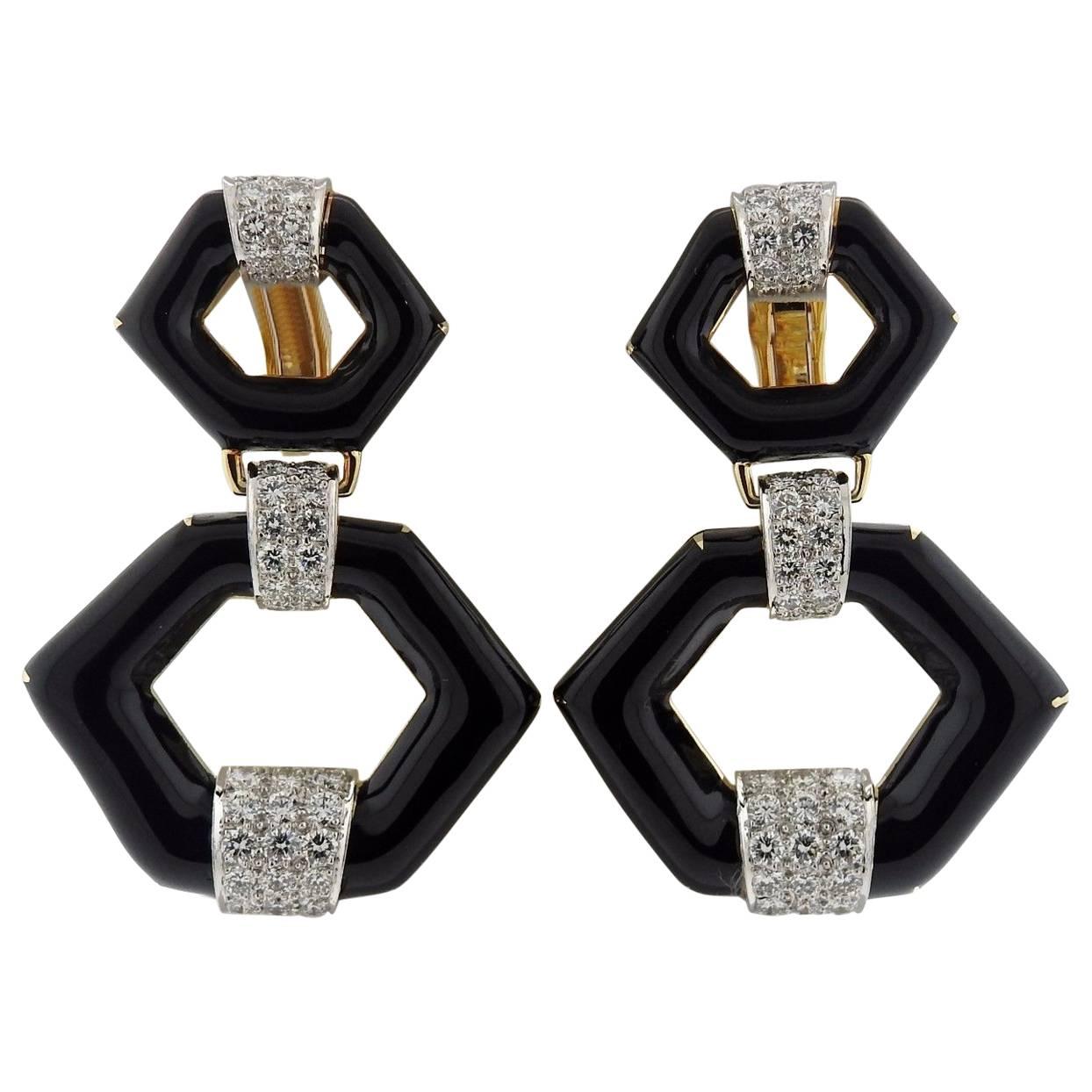 David Webb Manhattan Minimalism Enamel Diamond Gold Drop Earrings