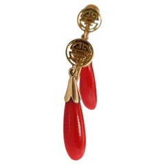GUMP'S Coral Earrings. 14k Carved Coral Dangle Natural Coral. Chinese SHOU Coral