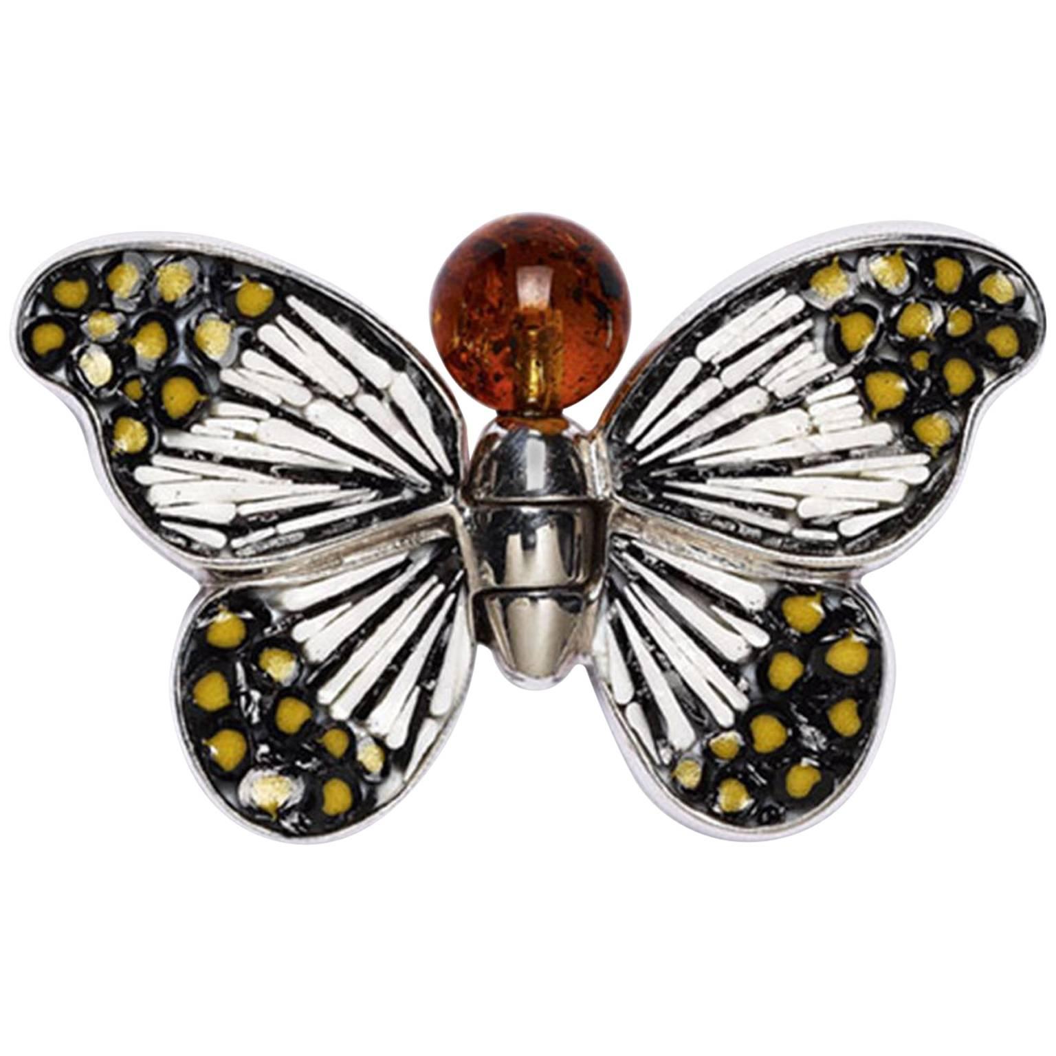 Stylish Butterfly Pin Jacket Silver Amber Hand Decorated with Micromosaic