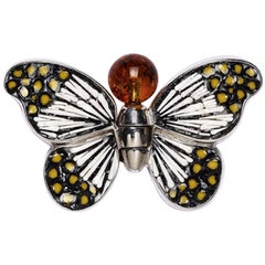 Stylish Butterfly Pin Jacket Silver Amber Hand Decorated with Micromosaic