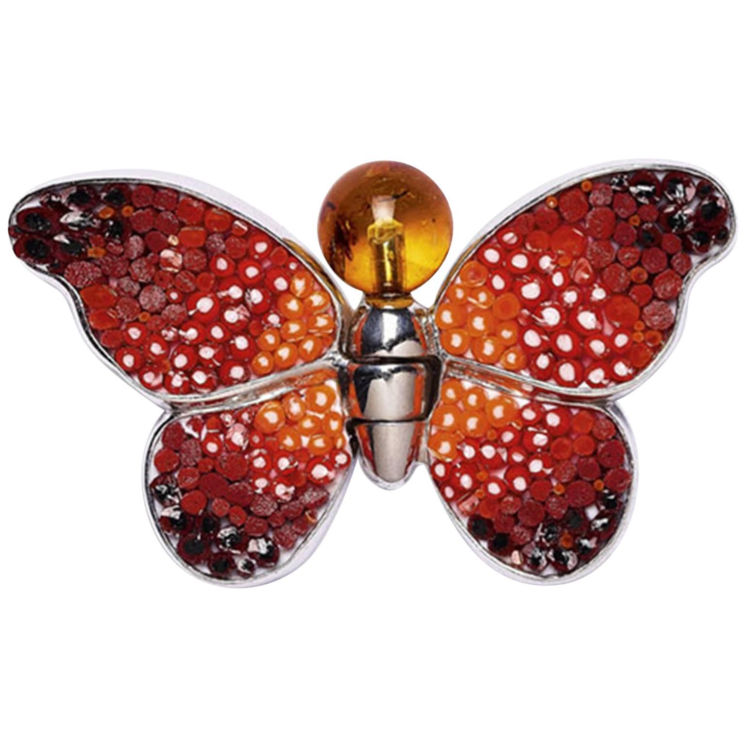 Stylish Butterfly Pin Jacket Silver Quartz Hand Decorated with Micromosaic For Sale