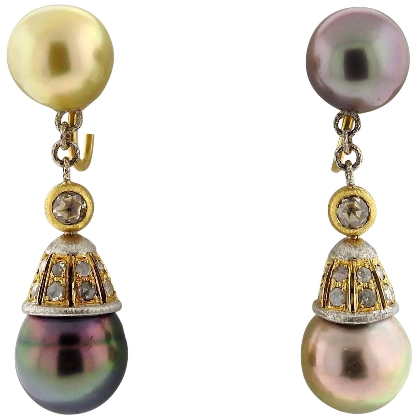Buccellati Gold Diamond Pearl Drop Earrings