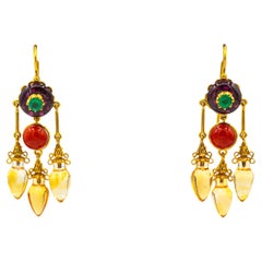 Art Nouveau Mediterranean Red Coral Citrine Garnet Emerald Yellow Gold Earrings
