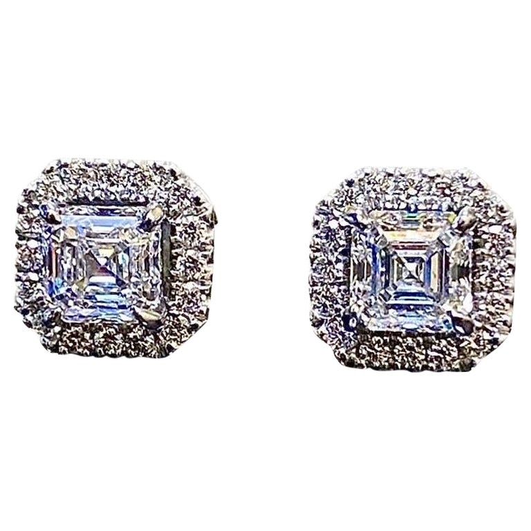 Halo Platinum GIA Certified 2.42 Carat D & E Color Asscher Cut Diamond Earrings