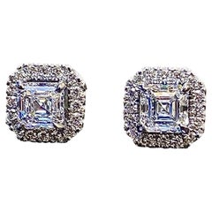 Halo Platinum GIA Certified 2.42 Carat D & E Color Asscher Cut Diamond Earrings
