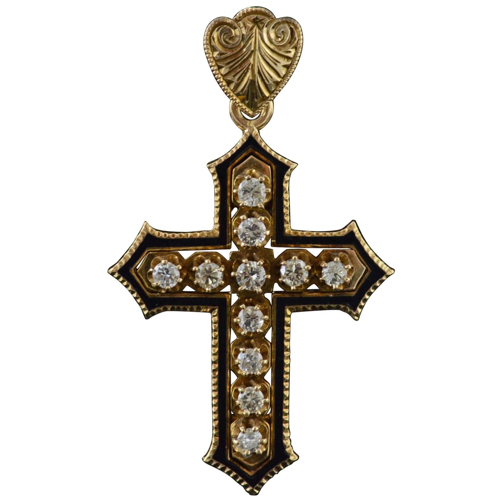 1890s Antique Victorian Black Enamel Diamond Gold Cross Pendant