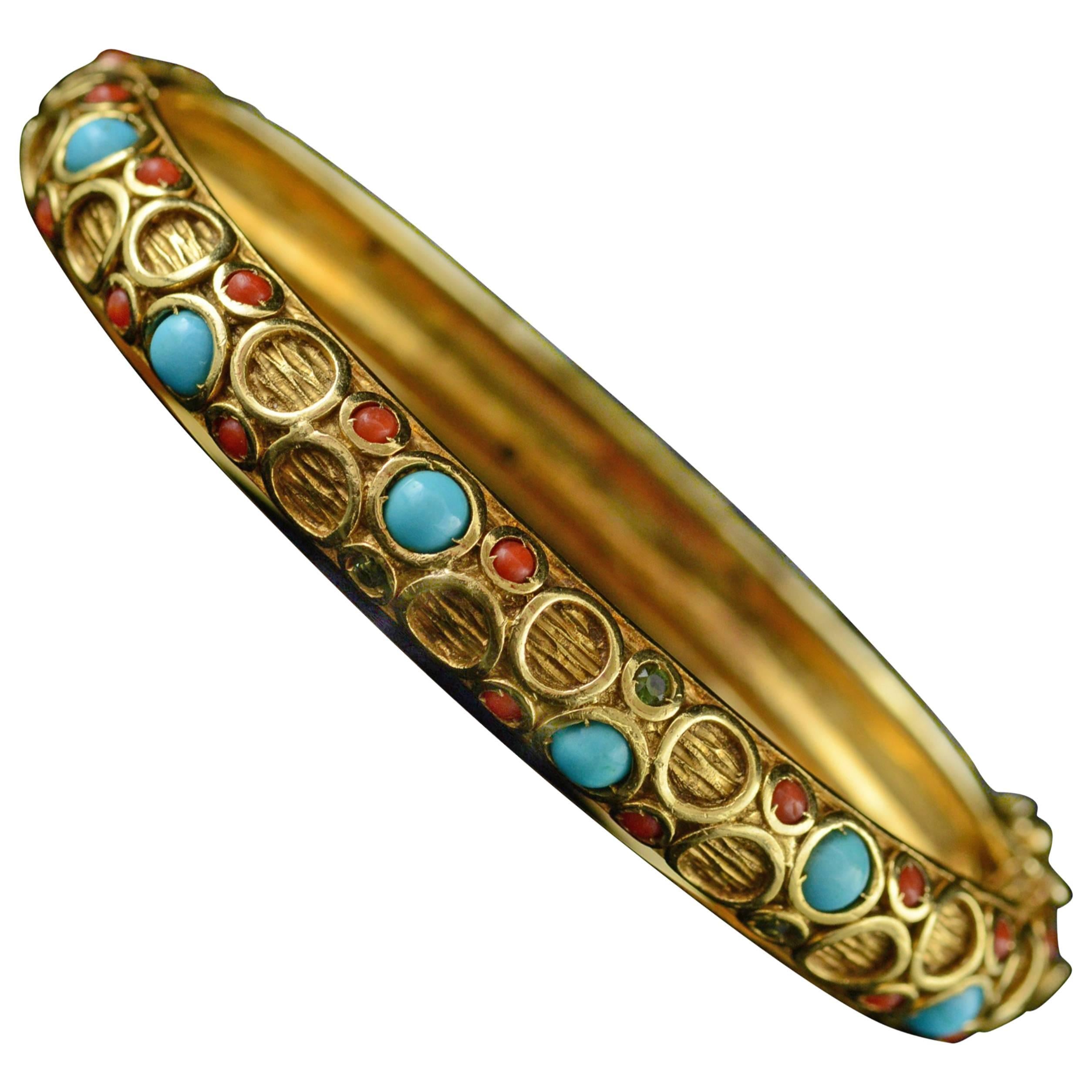 1970s Western Style Turquoise Coral Gold Bangle Bracelet