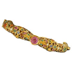 Superb 14K Gold, Multi-Gem (Ruby, Sapphire, Emerald, Turquoise) Mughal Bangle